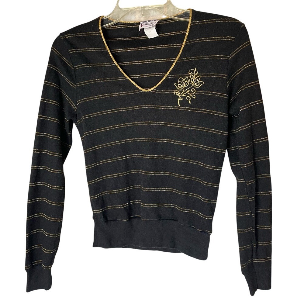Vintage Black and Gold Striped V-Neck Sweater with Embroidered Flower, S